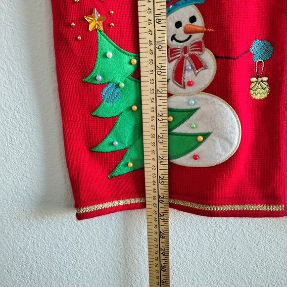 Womens Medium Red Christmas Tree Sleeveless Button Sweater Vest Snowman Pearl - Picture 3 of 8
